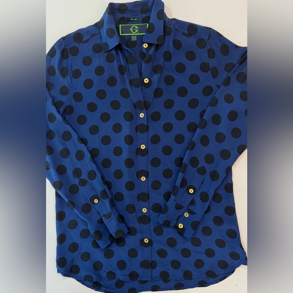 C Wonder 100% Silk Polka Dot Long Sleeve Button Down Blouse Blue Black XS